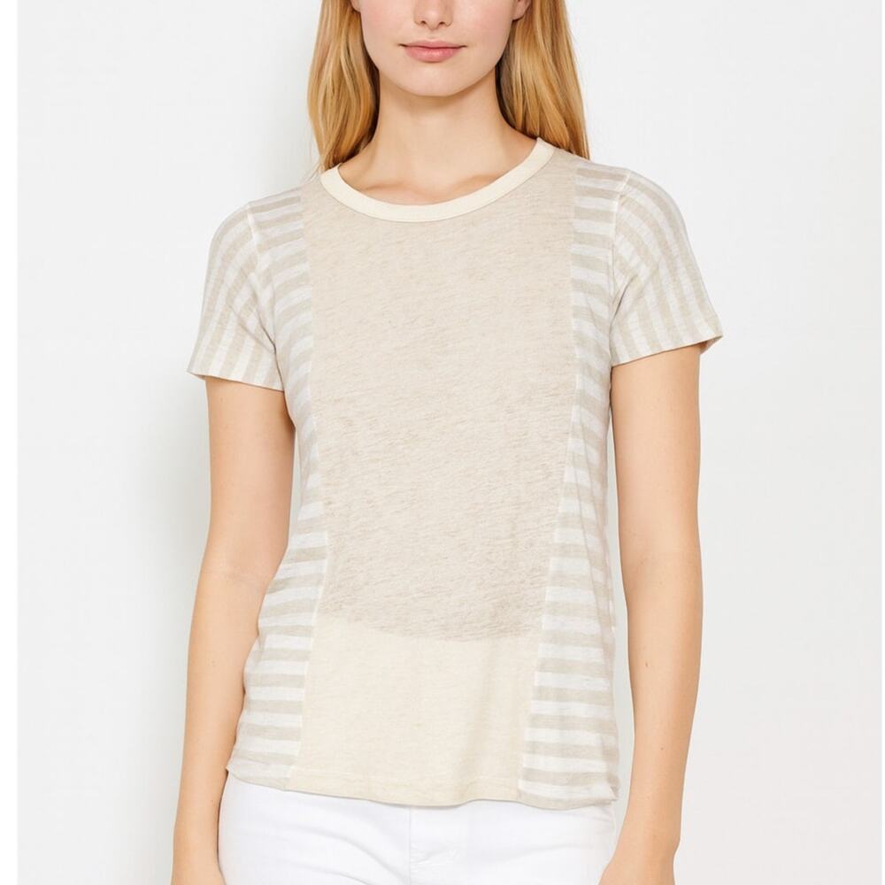 J. Crew Pure Linen Paneled T-Shirt Striped Beige White A0551 Size S